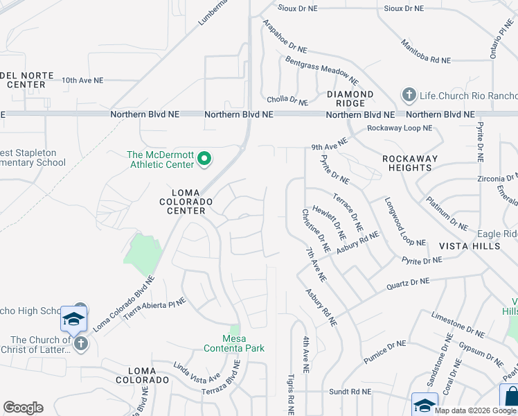 map of restaurants, bars, coffee shops, grocery stores, and more near 730 Sierra Verde Way Northeast in Rio Rancho