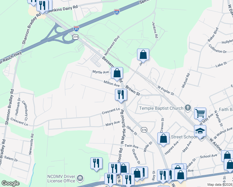 map of restaurants, bars, coffee shops, grocery stores, and more near 2308 Sunset Avenue in Gastonia