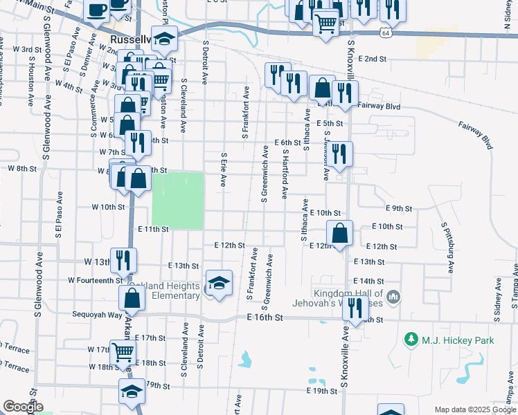 map of restaurants, bars, coffee shops, grocery stores, and more near 595 East 10th Street in Russellville