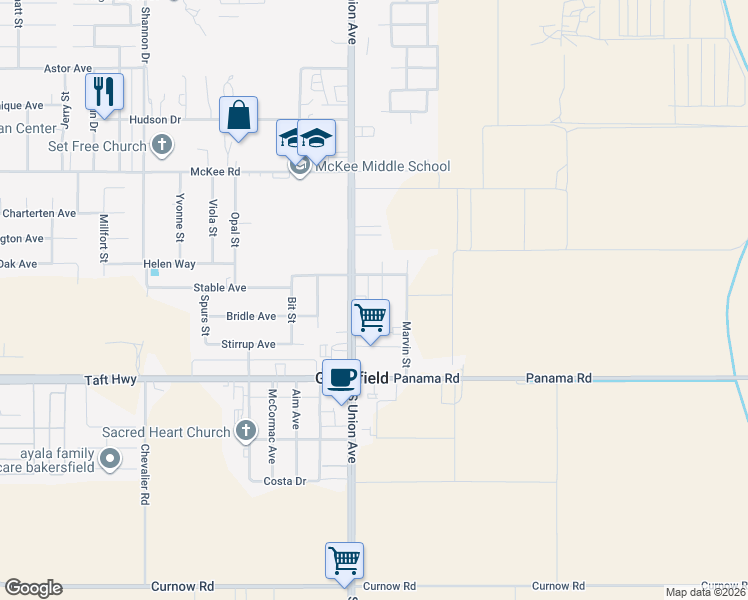 map of restaurants, bars, coffee shops, grocery stores, and more near 9350 South Union Avenue in Bakersfield