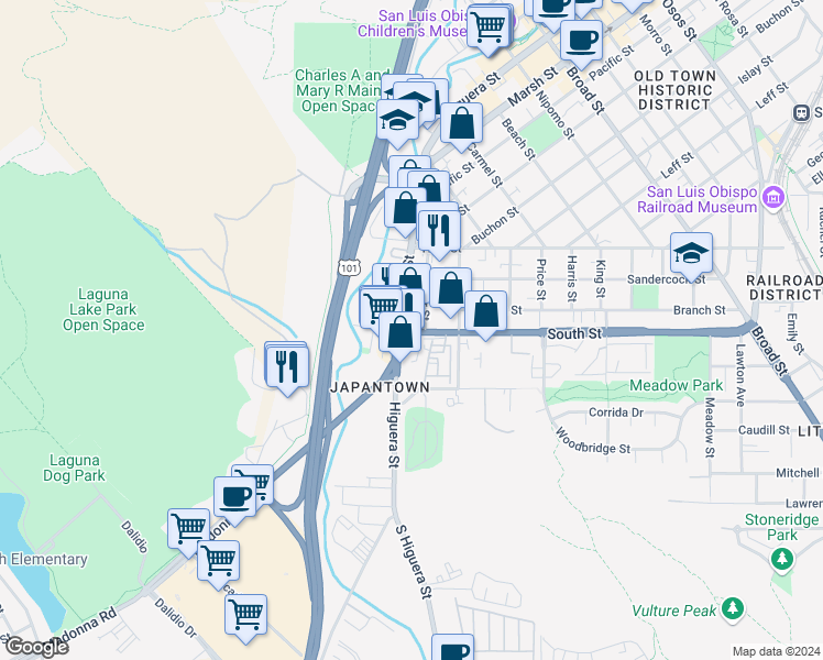 map of restaurants, bars, coffee shops, grocery stores, and more near 200 Higuera Street in San Luis Obispo
