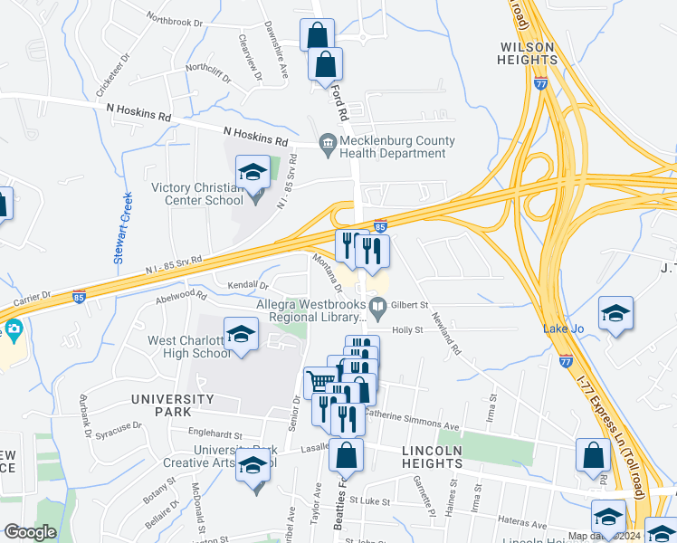 map of restaurants, bars, coffee shops, grocery stores, and more near 2601 Beatties Ford Road in Charlotte