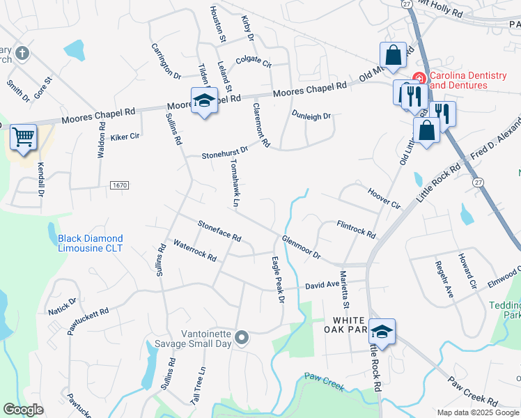 map of restaurants, bars, coffee shops, grocery stores, and more near 6906 Glenmoor Drive in Charlotte