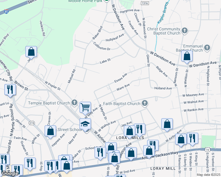 map of restaurants, bars, coffee shops, grocery stores, and more near 709 Scruggs Street in Gastonia