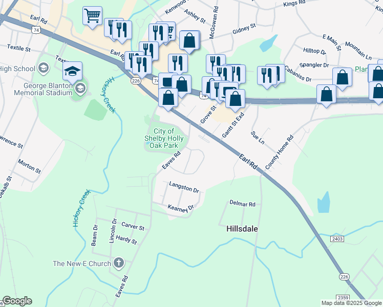 map of restaurants, bars, coffee shops, grocery stores, and more near 1501 Normandy Lane in Shelby