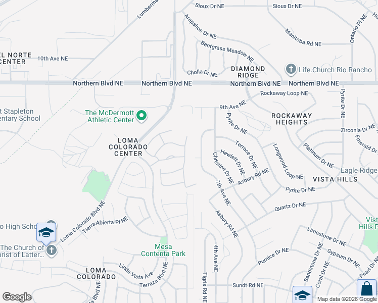 map of restaurants, bars, coffee shops, grocery stores, and more near 730 Sierra Verde Way Northeast in Rio Rancho