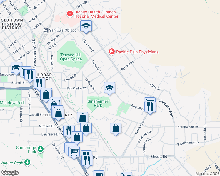 map of restaurants, bars, coffee shops, grocery stores, and more near 2575 Augusta Street in San Luis Obispo