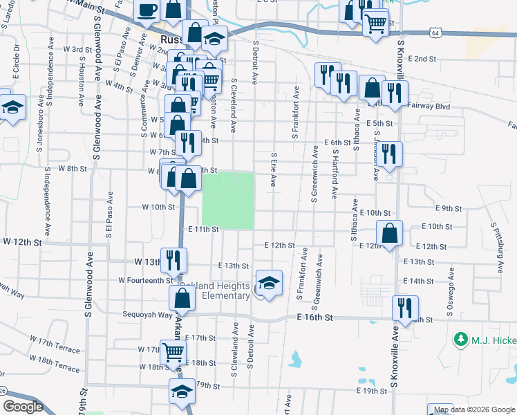 map of restaurants, bars, coffee shops, grocery stores, and more near 405 East 10th Street in Russellville