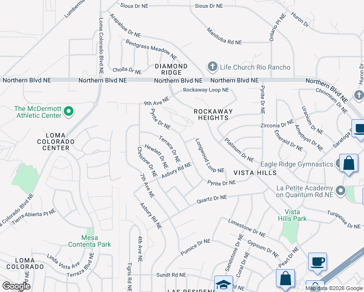 map of restaurants, bars, coffee shops, grocery stores, and more near 396 Pyrite Drive Northeast in Rio Rancho