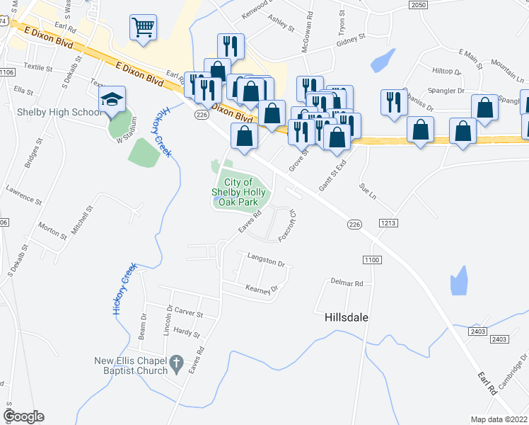 map of restaurants, bars, coffee shops, grocery stores, and more near 1503 Eaves Road in Shelby