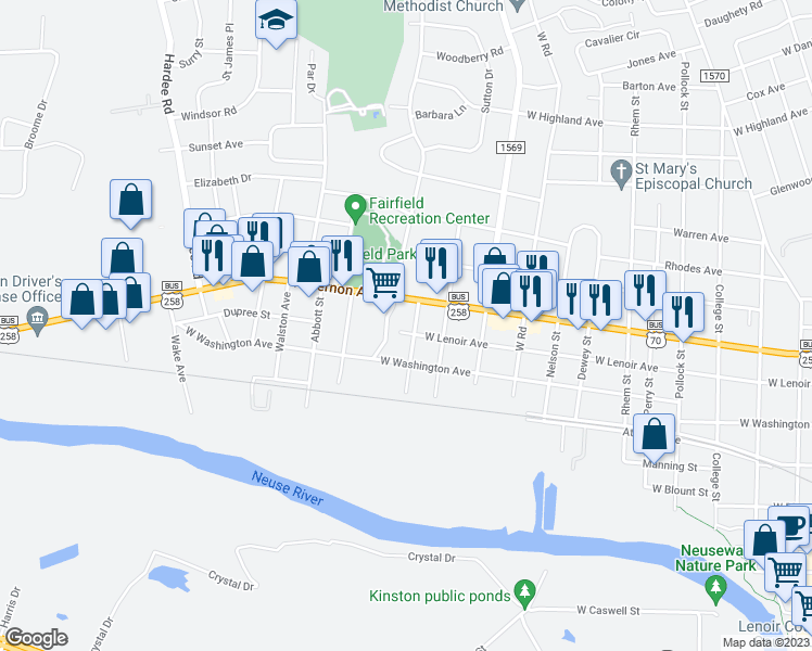 map of restaurants, bars, coffee shops, grocery stores, and more near 702 Hines Avenue in Kinston