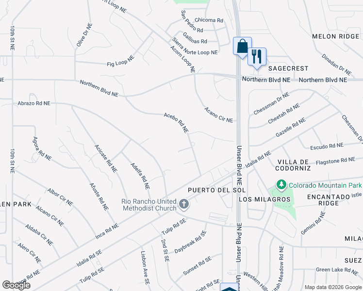 map of restaurants, bars, coffee shops, grocery stores, and more near 607 Acebo Road Northeast in Rio Rancho