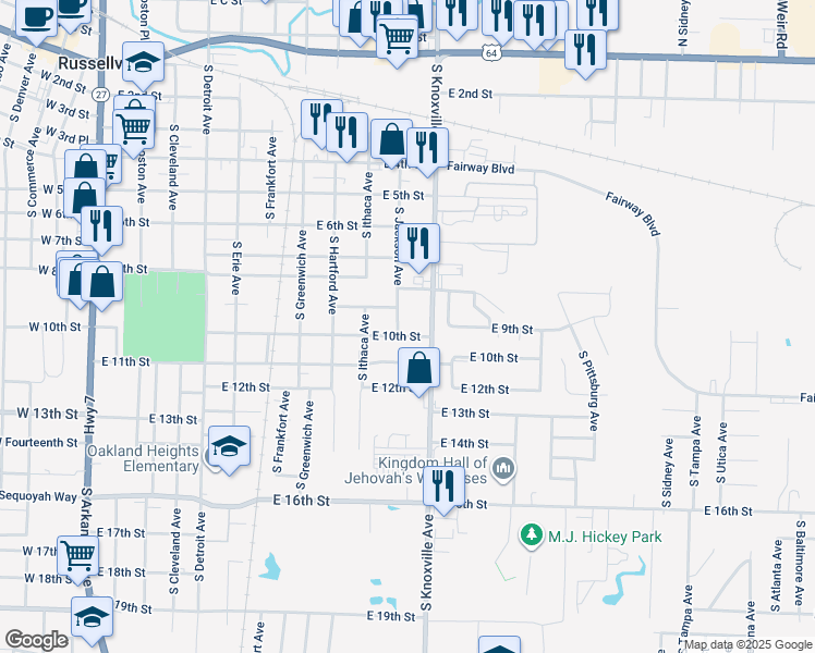 map of restaurants, bars, coffee shops, grocery stores, and more near 907 S Jackson Ave in Russellville