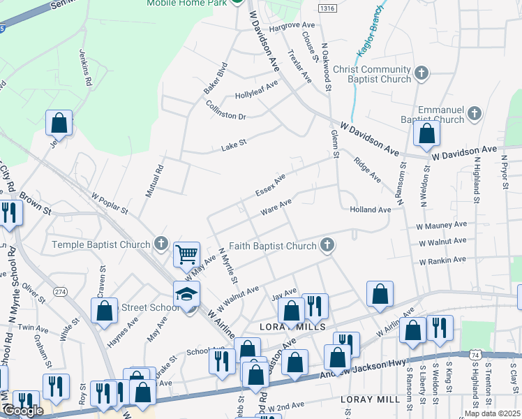 map of restaurants, bars, coffee shops, grocery stores, and more near 1322 Ware Avenue in Gastonia