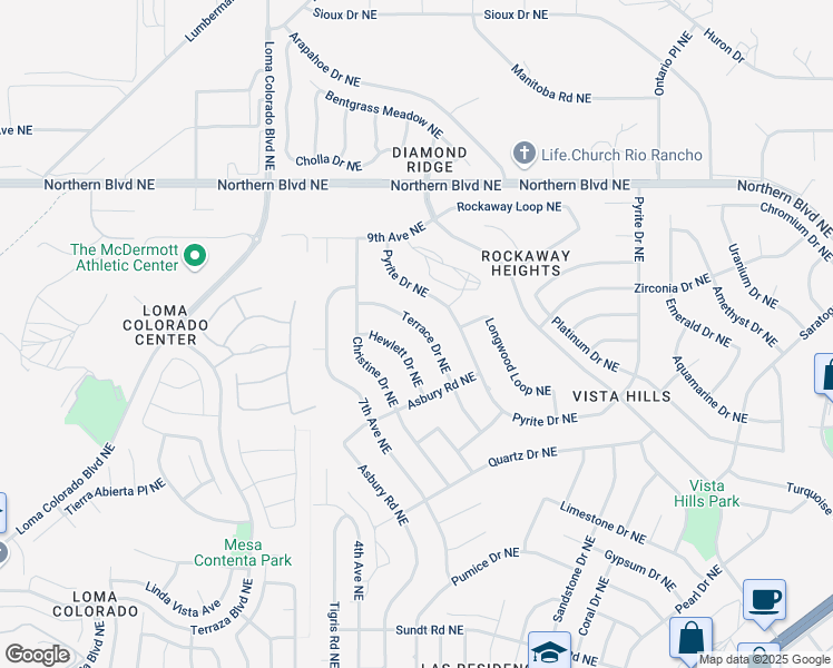 map of restaurants, bars, coffee shops, grocery stores, and more near 553 Terrace Dr NE in Rio Rancho