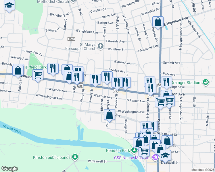 map of restaurants, bars, coffee shops, grocery stores, and more near 601 W Vernon Ave in Kinston