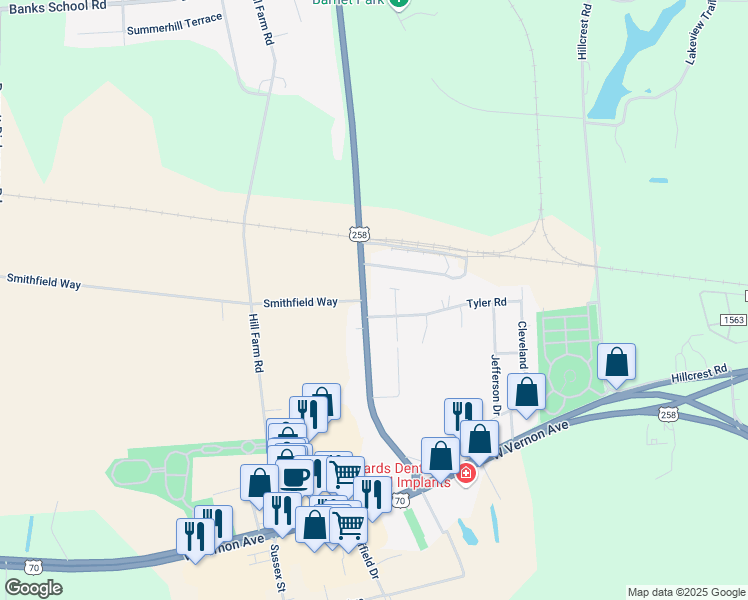 map of restaurants, bars, coffee shops, grocery stores, and more near 1205-1277 U.S. 258 in Kinston