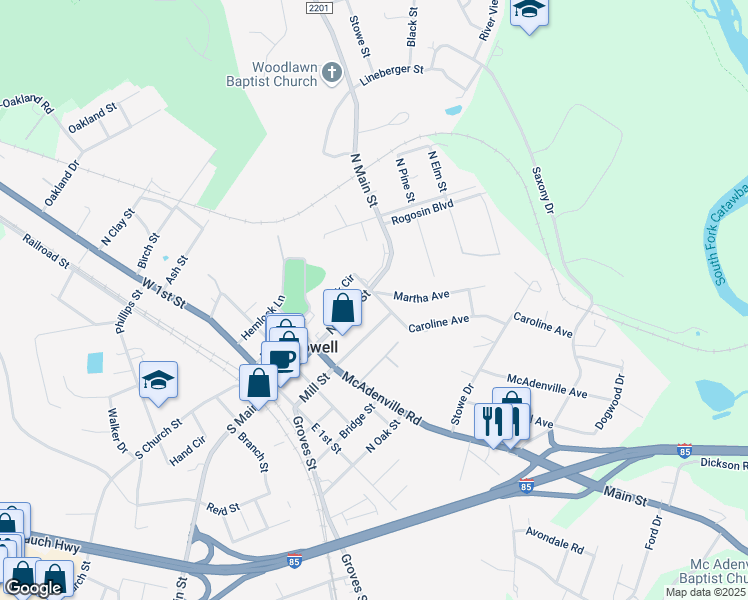 map of restaurants, bars, coffee shops, grocery stores, and more near 508 North Main Street in Lowell