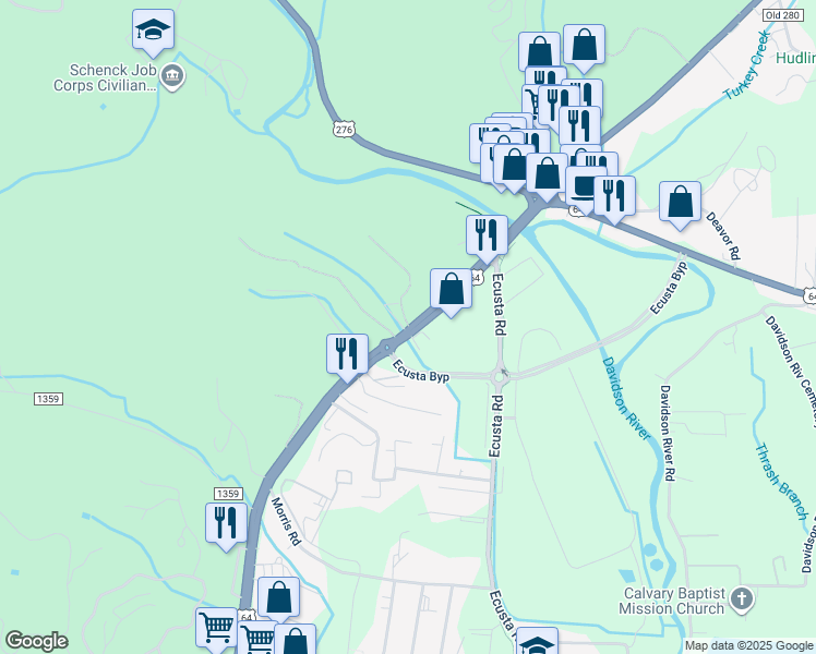 map of restaurants, bars, coffee shops, grocery stores, and more near 235 Asheville Highway in Brevard