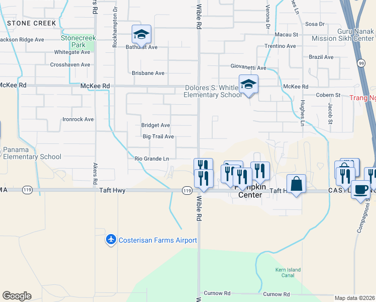 map of restaurants, bars, coffee shops, grocery stores, and more near 3313 Rawhide Road in Bakersfield