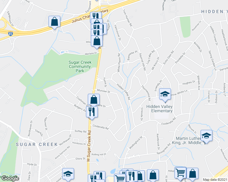 map of restaurants, bars, coffee shops, grocery stores, and more near 4425 Munsee Street in Charlotte