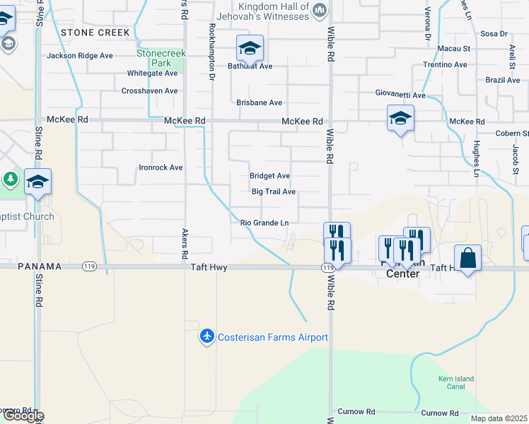 map of restaurants, bars, coffee shops, grocery stores, and more near 3521 Chisholm Trail Avenue in Bakersfield