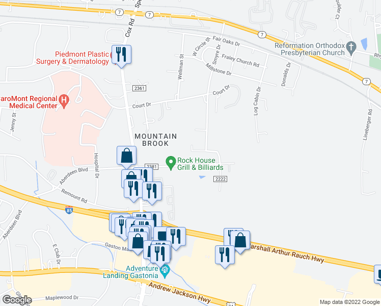 map of restaurants, bars, coffee shops, grocery stores, and more near 2865 Ebony Avenue in Gastonia