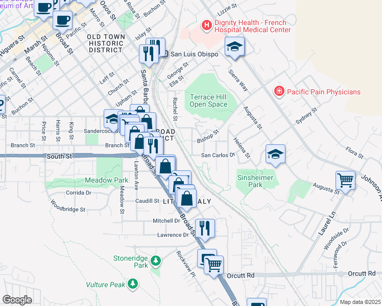 map of restaurants, bars, coffee shops, grocery stores, and more near 2397 Bushnell Street in San Luis Obispo