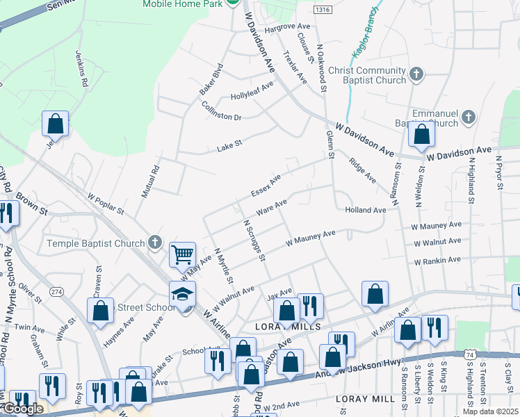 map of restaurants, bars, coffee shops, grocery stores, and more near 1320 Ware Avenue in Gastonia