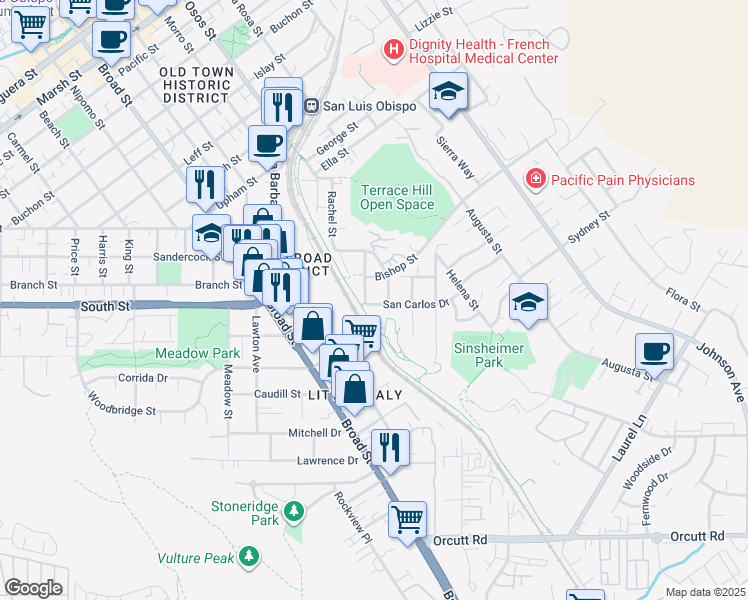 map of restaurants, bars, coffee shops, grocery stores, and more near 2397 Bushnell Street in San Luis Obispo