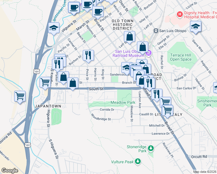 map of restaurants, bars, coffee shops, grocery stores, and more near in San Luis Obispo