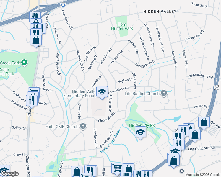 map of restaurants, bars, coffee shops, grocery stores, and more near 5217 Snow White Lane in Charlotte