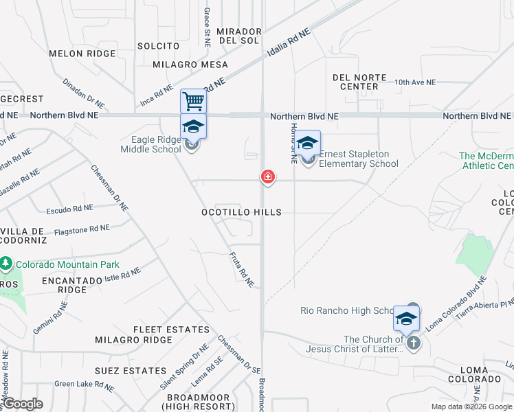 map of restaurants, bars, coffee shops, grocery stores, and more near 701 Broadmoor Boulevard Northeast in Rio Rancho