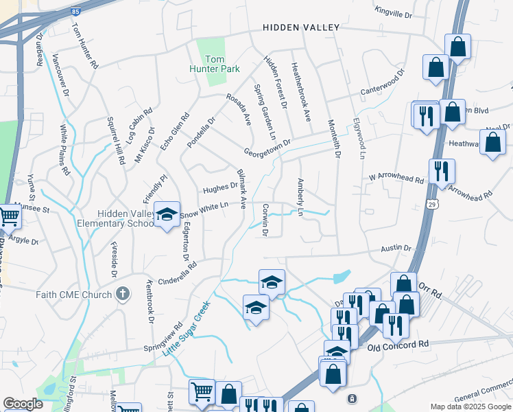 map of restaurants, bars, coffee shops, grocery stores, and more near 5512 Snow White Lane in Charlotte