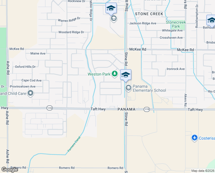 map of restaurants, bars, coffee shops, grocery stores, and more near 5112 Silver Clover Avenue in Bakersfield