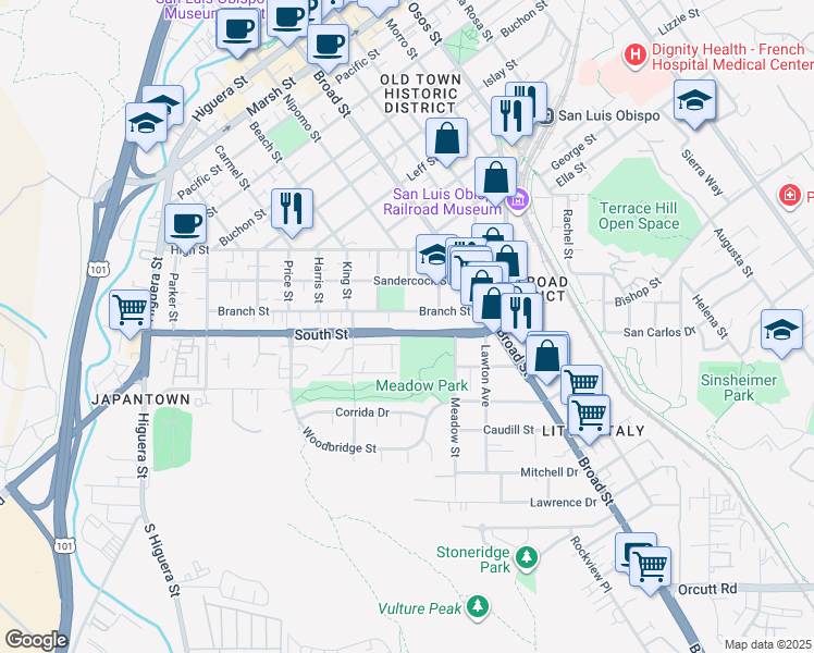 map of restaurants, bars, coffee shops, grocery stores, and more near 536 South Street in San Luis Obispo