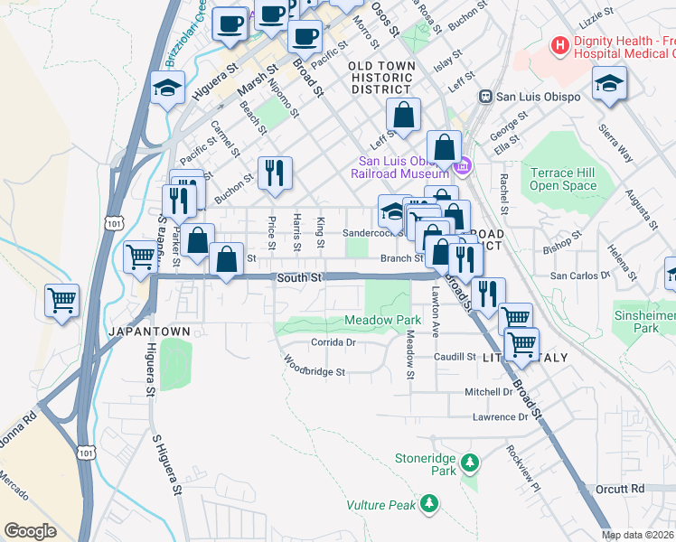 map of restaurants, bars, coffee shops, grocery stores, and more near in San Luis Obispo