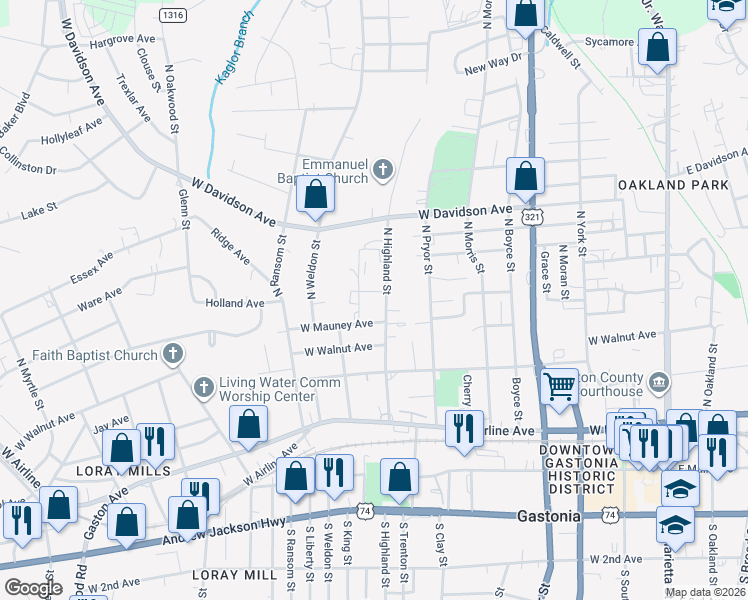 map of restaurants, bars, coffee shops, grocery stores, and more near 401 North Highland Street in Gastonia