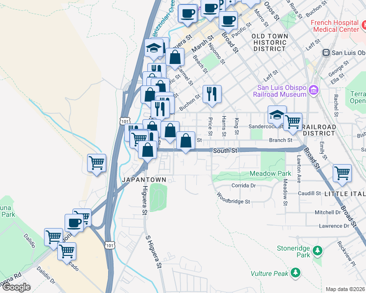 map of restaurants, bars, coffee shops, grocery stores, and more near 222 South Street in San Luis Obispo