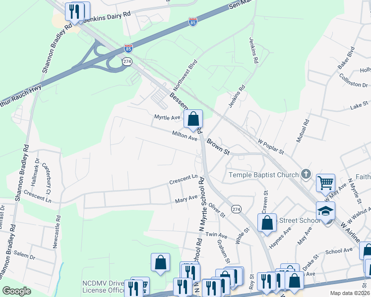 map of restaurants, bars, coffee shops, grocery stores, and more near 2308 Sunset Avenue in Gastonia