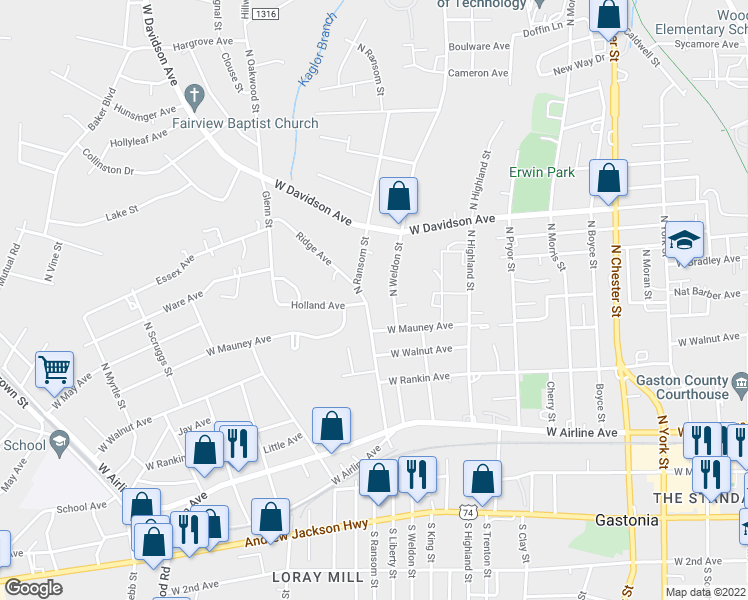 map of restaurants, bars, coffee shops, grocery stores, and more near 512 North Ransom Street in Gastonia