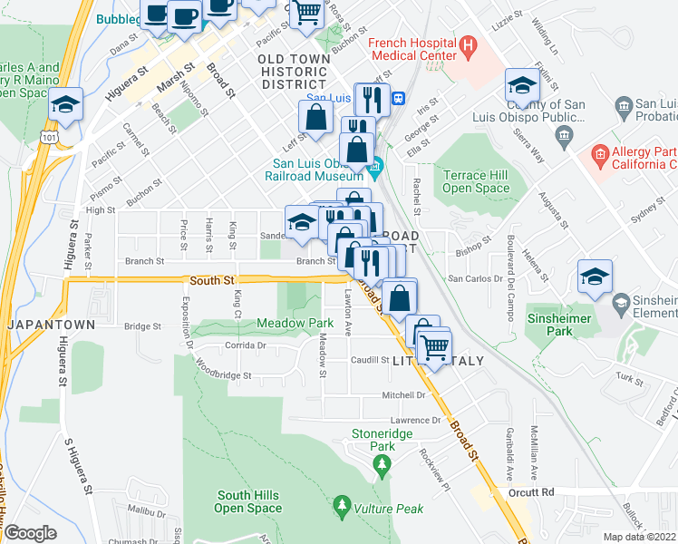 map of restaurants, bars, coffee shops, grocery stores, and more near 2201 Lawton Avenue in San Luis Obispo