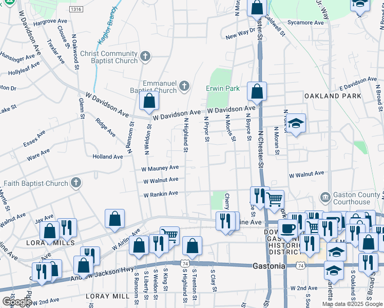map of restaurants, bars, coffee shops, grocery stores, and more near 416 North Highland Street in Gastonia