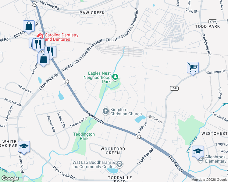 map of restaurants, bars, coffee shops, grocery stores, and more near 5800 Silver Eagle Drive in Charlotte