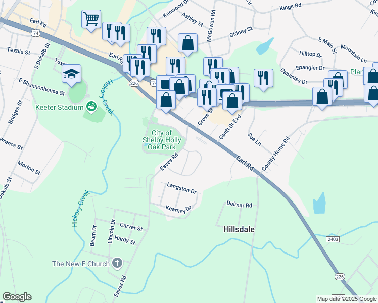 map of restaurants, bars, coffee shops, grocery stores, and more near 1501 Normandy Lane in Shelby