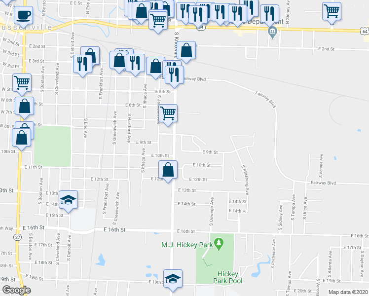 map of restaurants, bars, coffee shops, grocery stores, and more near 807 South Louisville Avenue in Russellville
