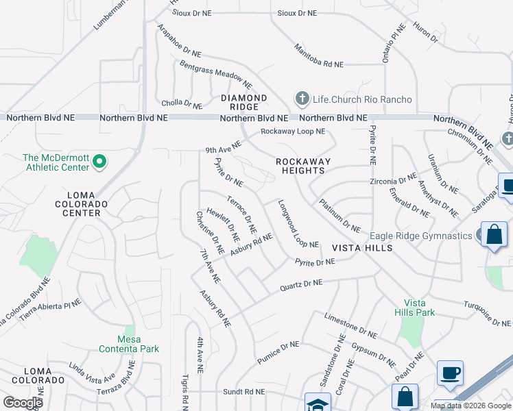 map of restaurants, bars, coffee shops, grocery stores, and more near 396 Pyrite Drive Northeast in Rio Rancho