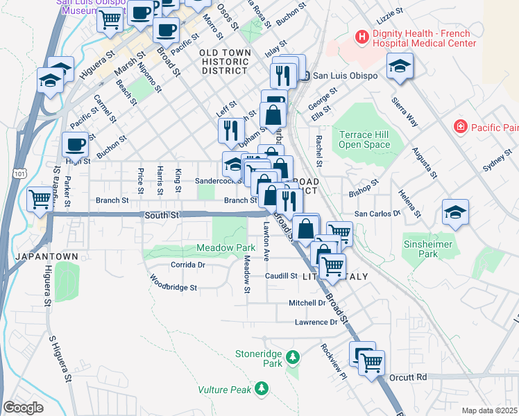 map of restaurants, bars, coffee shops, grocery stores, and more near 2201 Lawton Avenue in San Luis Obispo