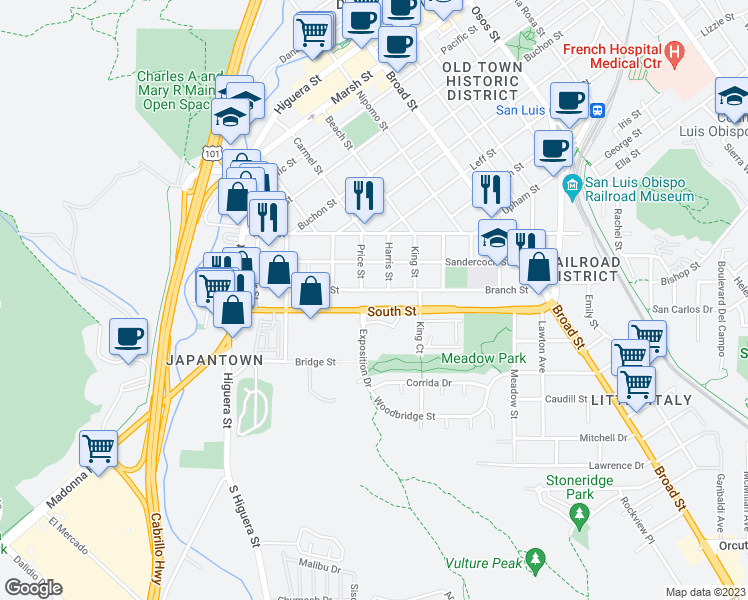 map of restaurants, bars, coffee shops, grocery stores, and more near 367 Branch Street in San Luis Obispo