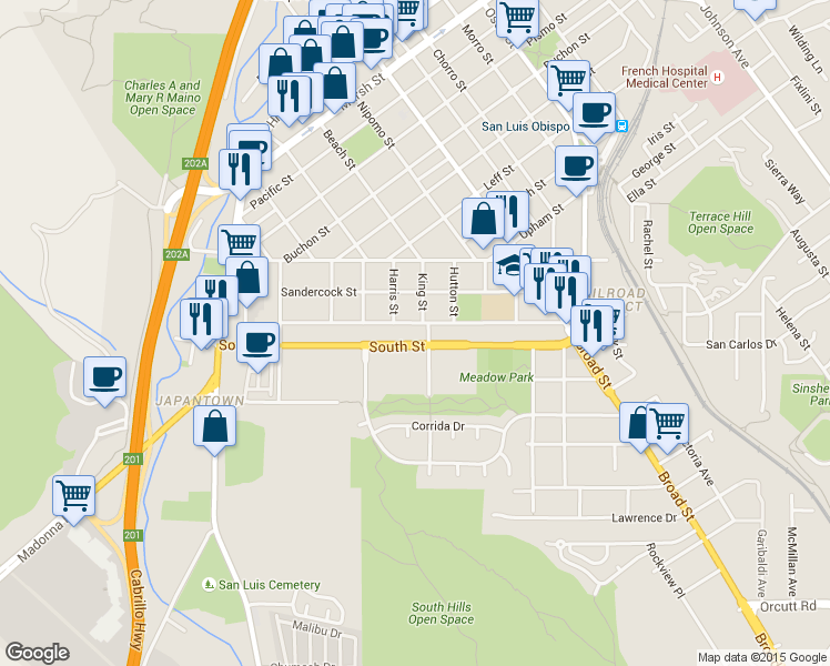 map of restaurants, bars, coffee shops, grocery stores, and more near 418 California 227 in San Luis Obispo